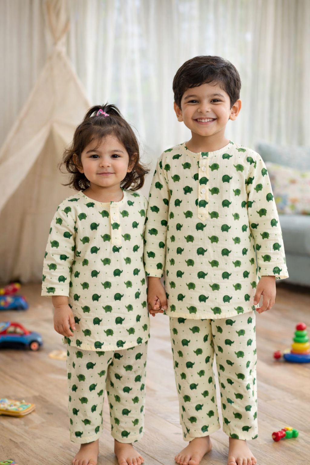 Olive Green Elephant Full Sleeve Unisex Coord Set