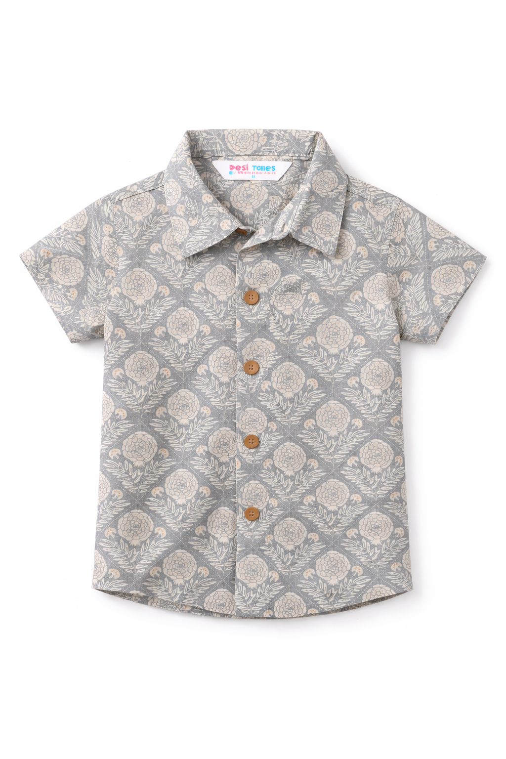Short-sleeve shirt with floral pattern on a white background