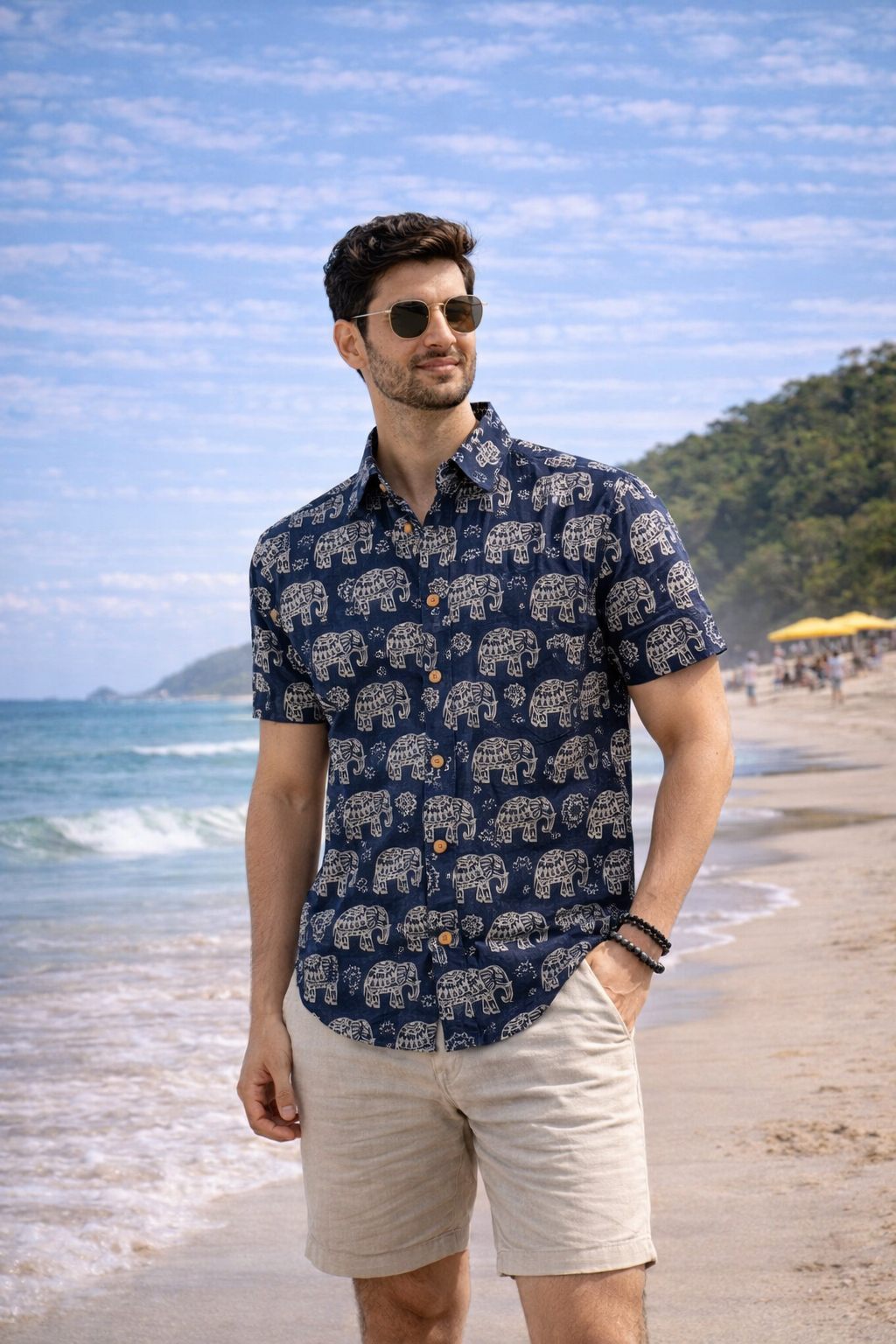 Navy Blue White Elephant Outline Men's Shirt