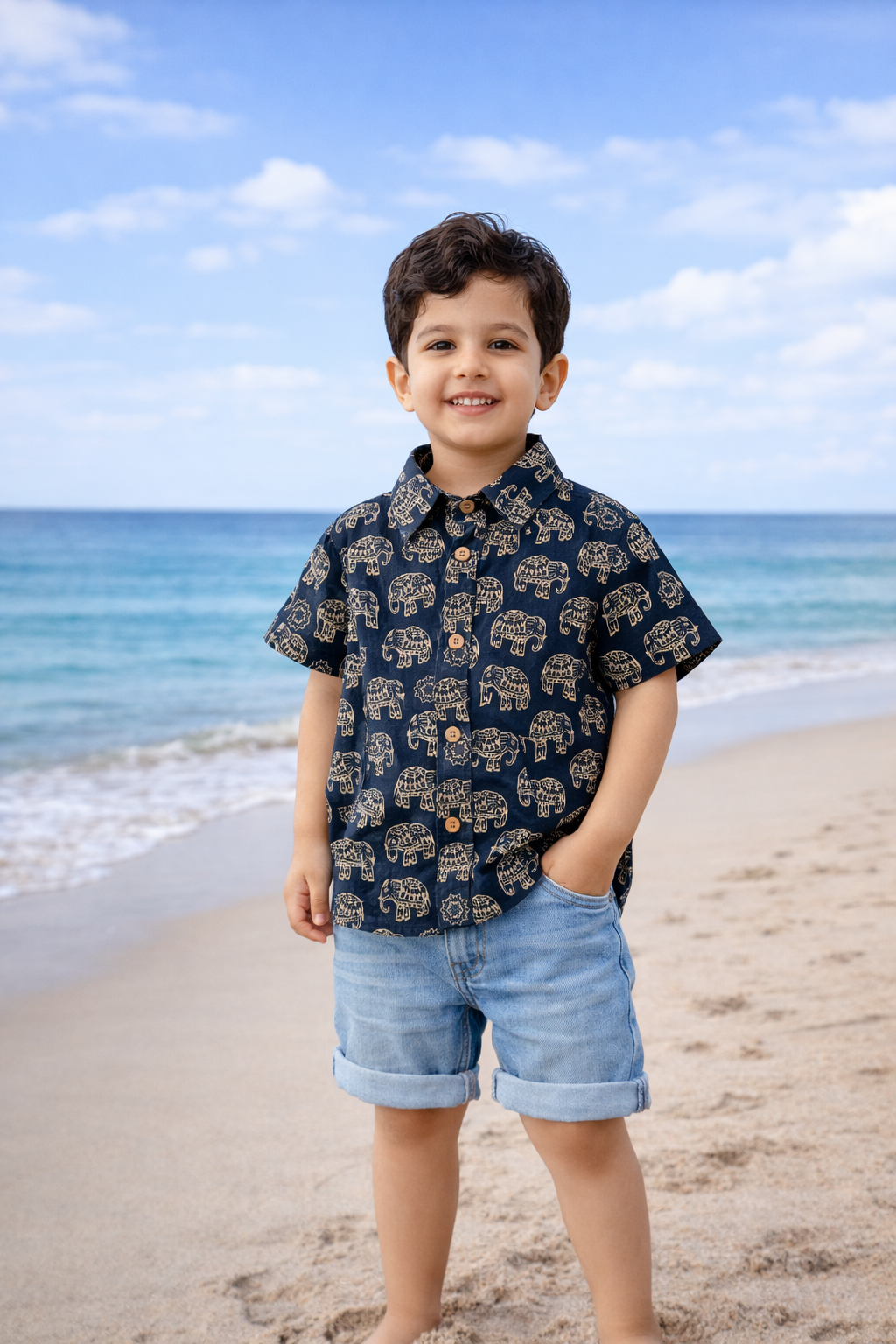 Navy Blue White Elephant Outline Kids' Shirt