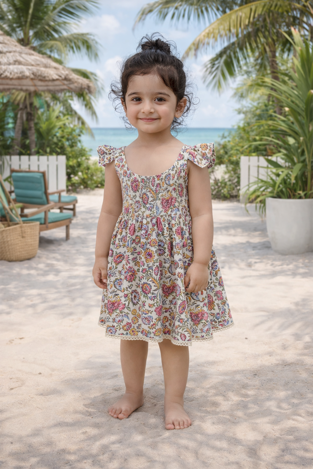 Cream Floral Smocked Back Sleeveless Frock
