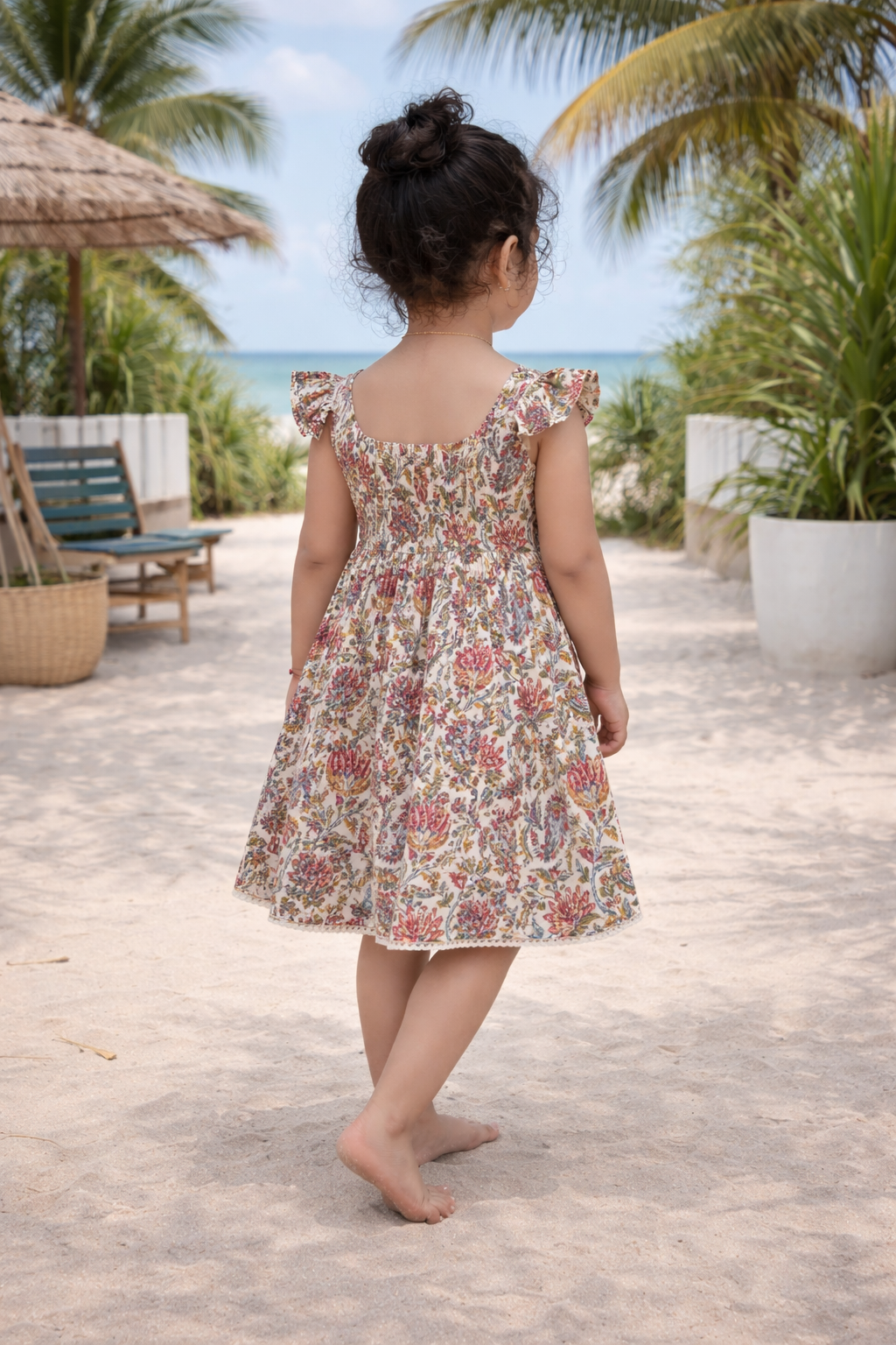 Cream Floral Smocked Back Sleeveless Frock