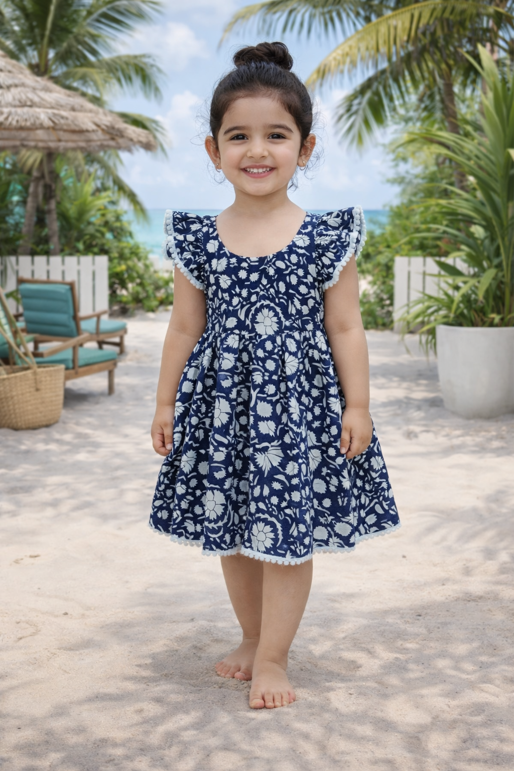 Indigo Jhaal Pompom Lace Frock