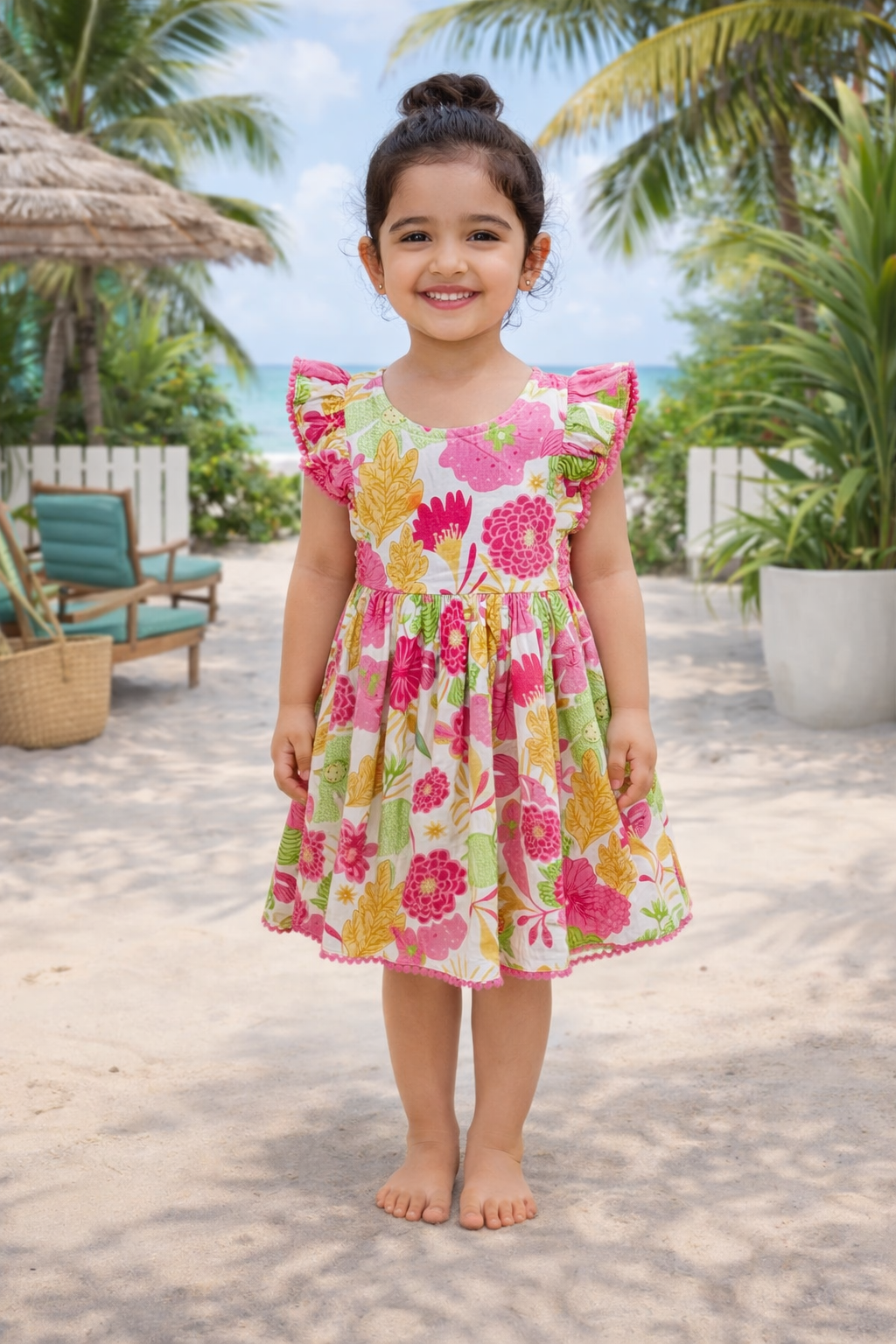 Pink Floral Pompom Lace Frock