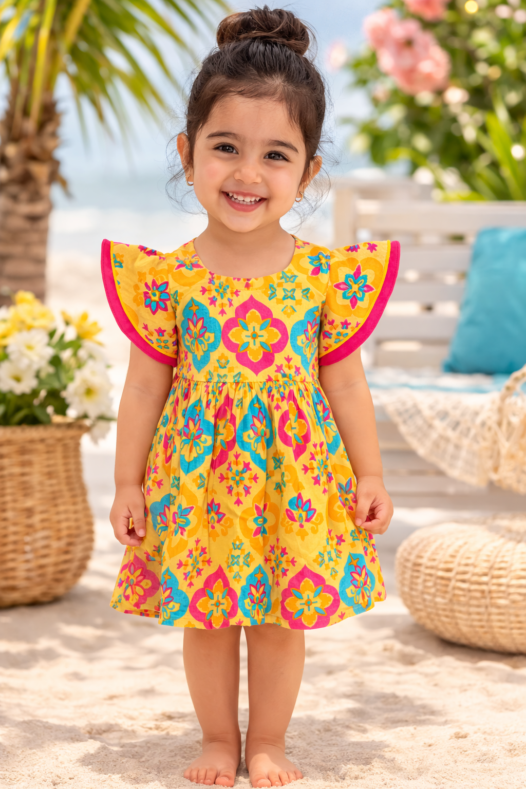 Yellow Geometric Double Sleeved Frock