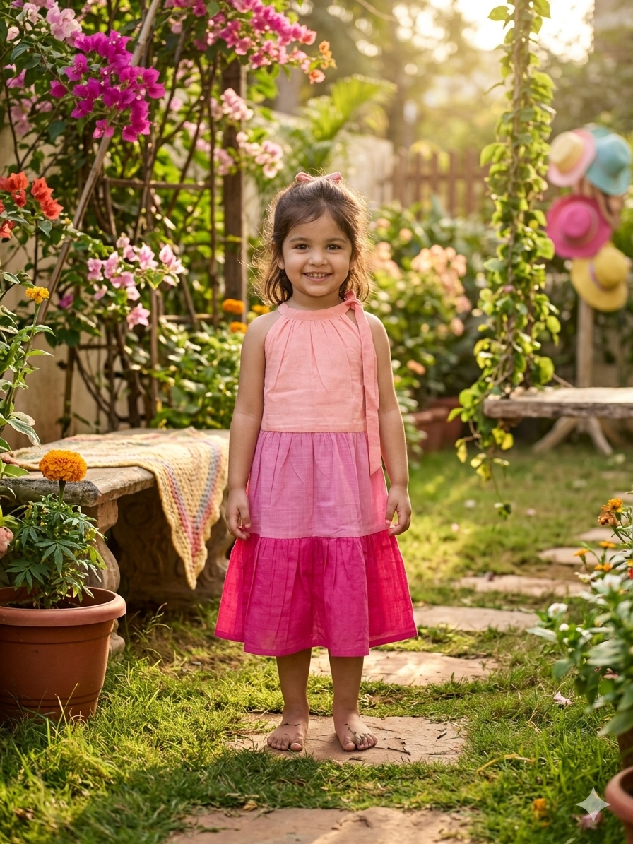 Pink Ombre Natural Texture Cotton Halter Neck Frock
