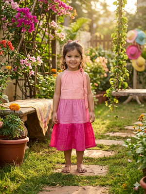 Pink Ombre Natural Texture Cotton Halter Neck Frock