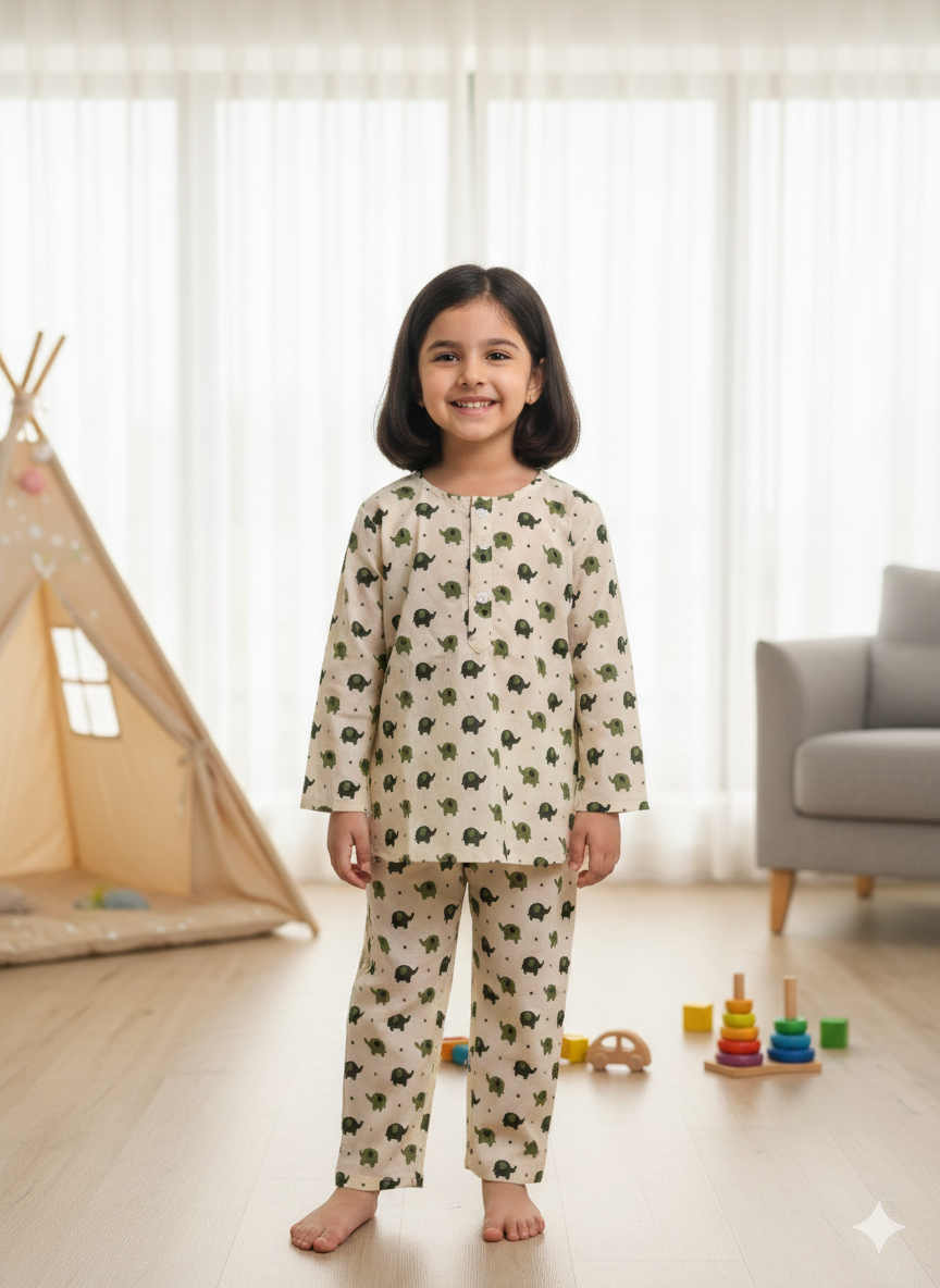 Olive Green Elephant Full Sleeve Unisex Coord Set