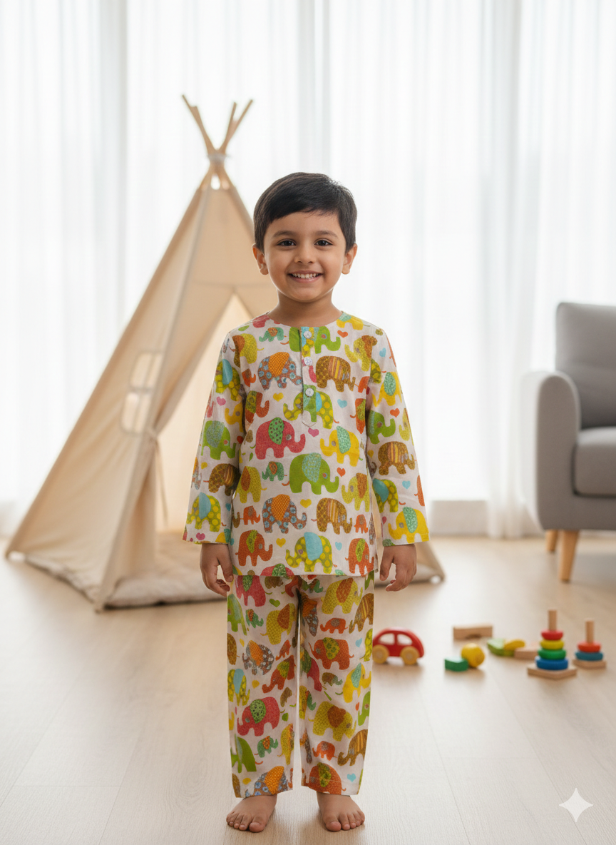 Multicolour Elephant Full Sleeve Unisex Coord Set