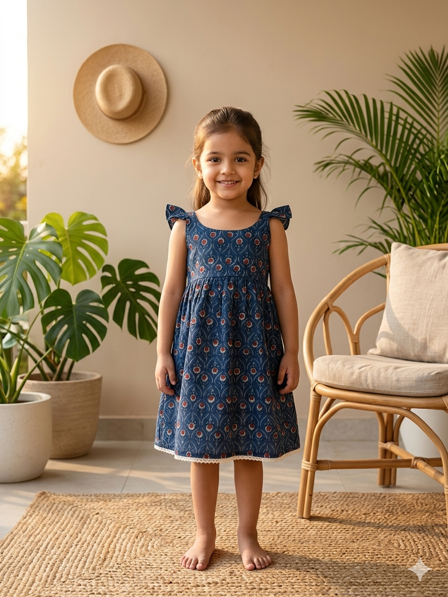Indigo Red Flower Smocked Back Sleeveless Frock