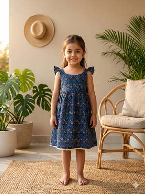 Indigo Red Flower Smocked Back Sleeveless Frock