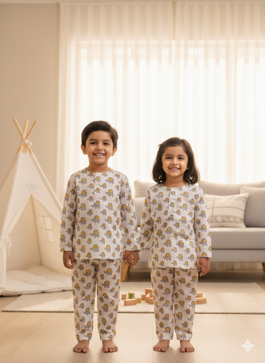 Yellow Grey Elephant Full Sleeve Unisex Coord Set