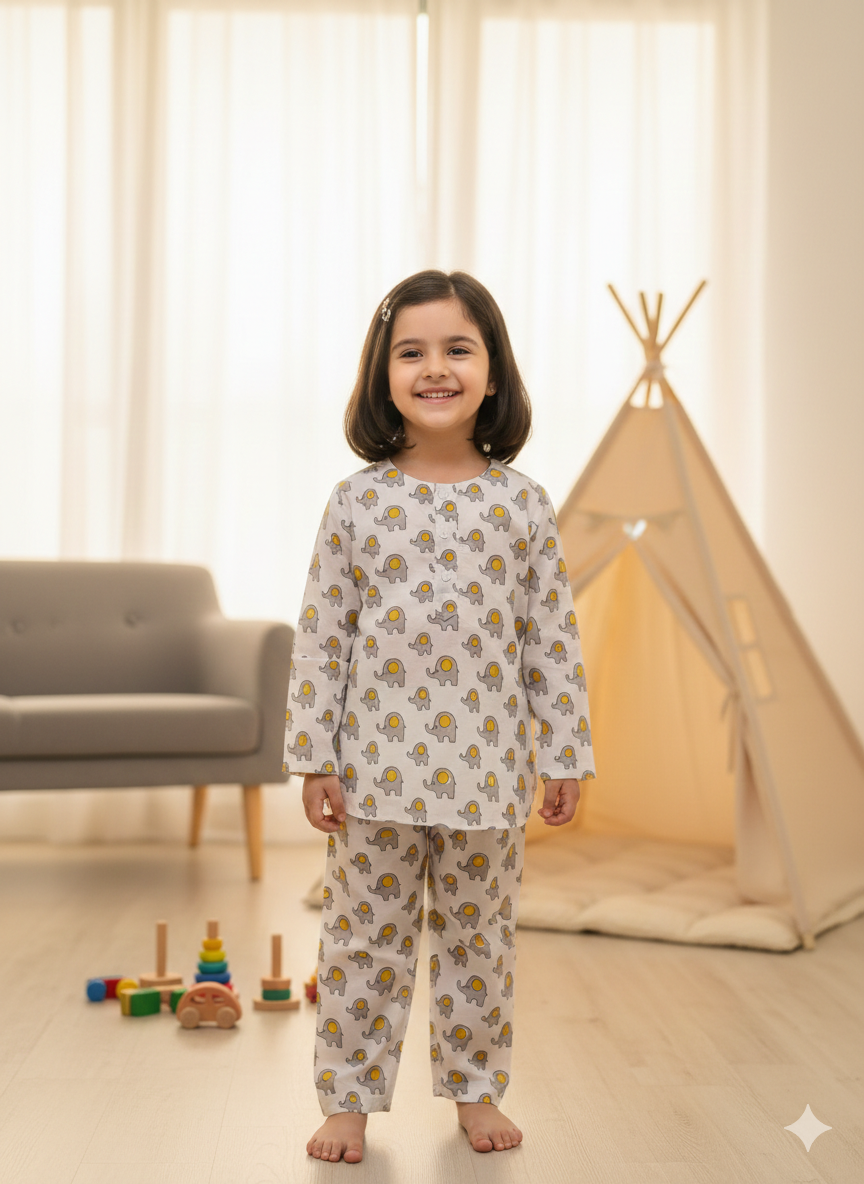 Yellow Grey Elephant Full Sleeve Unisex Coord Set