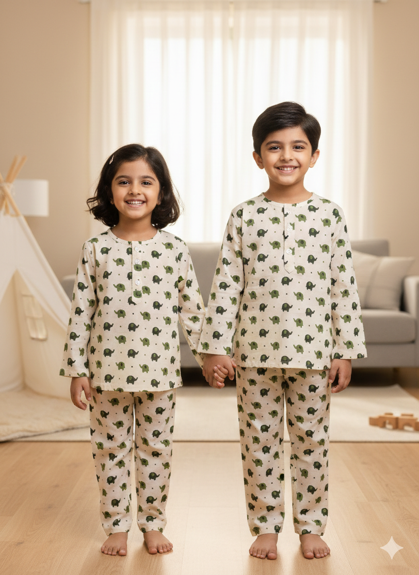 Olive Green Elephant Full Sleeve Unisex Coord Set