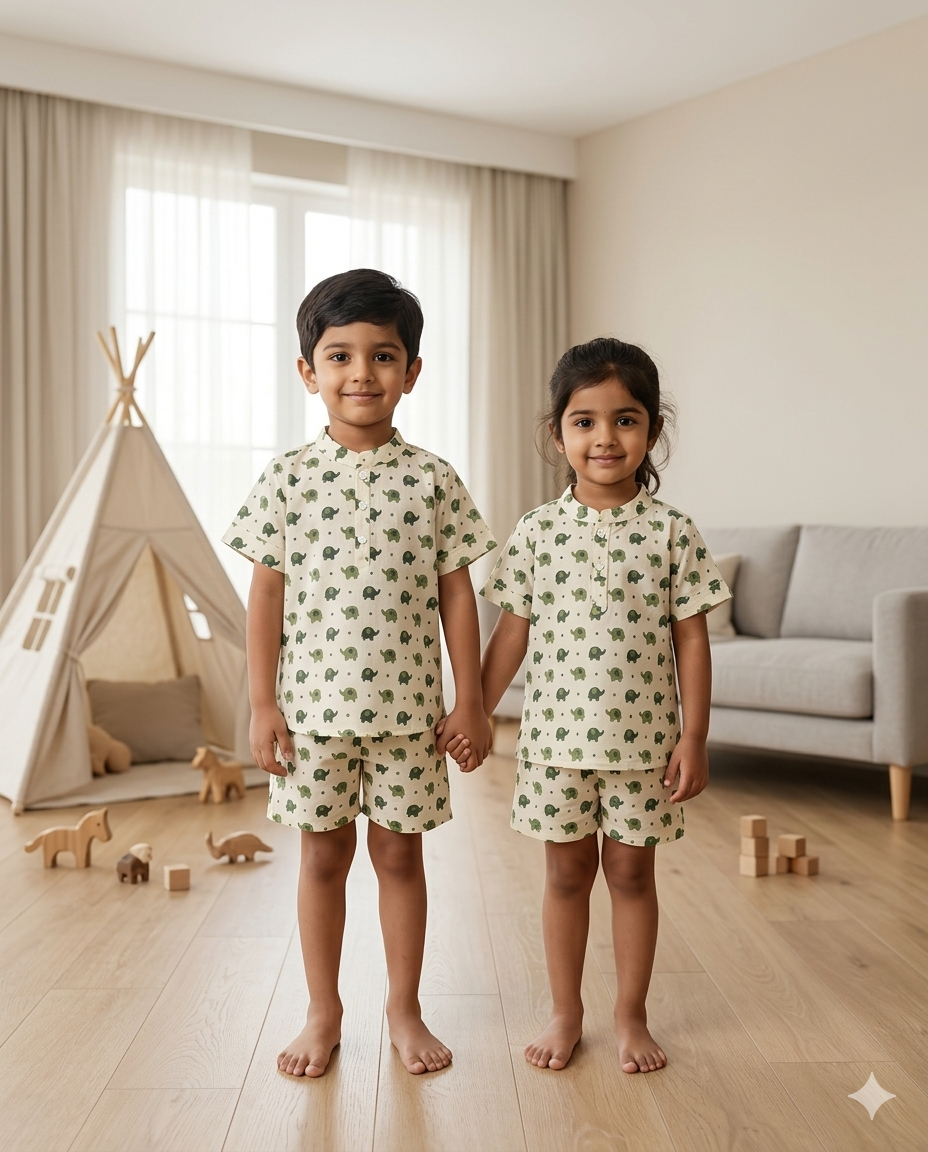 Olive Green Elephant Shorts Unisex Coord Set