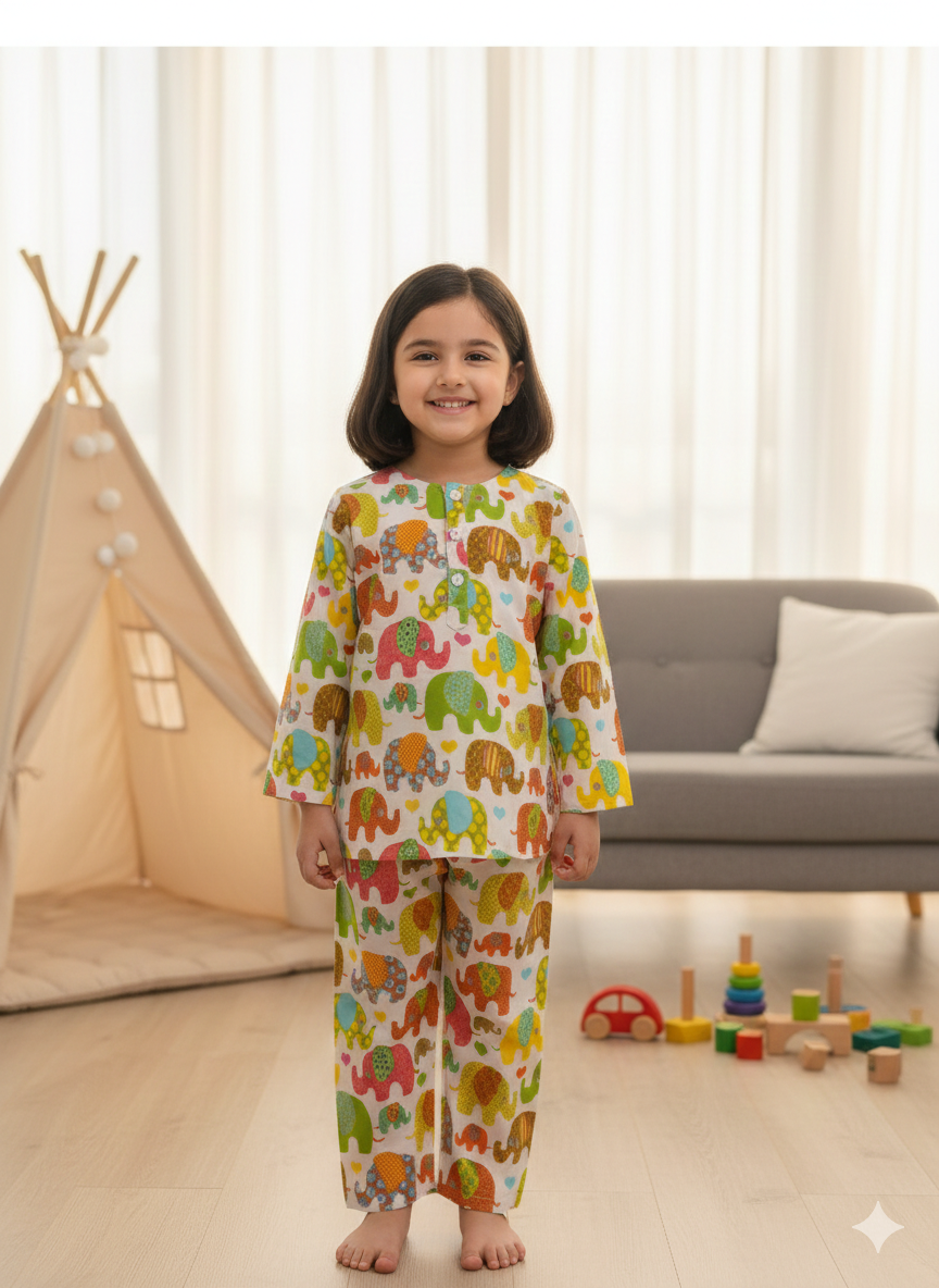 Multicolour Elephant Full Sleeve Unisex Coord Set