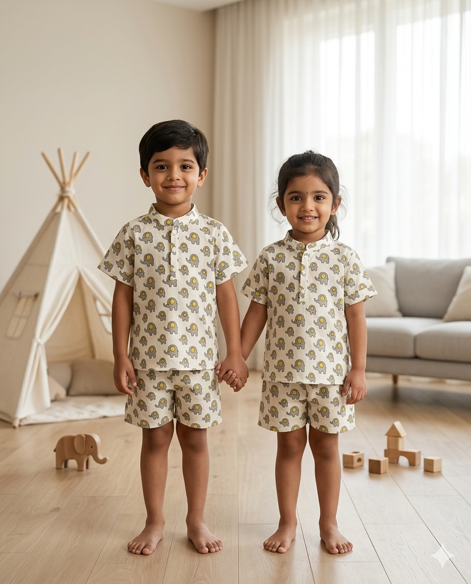 Yellow Grey Elephant Shorts Unisex Coord Set