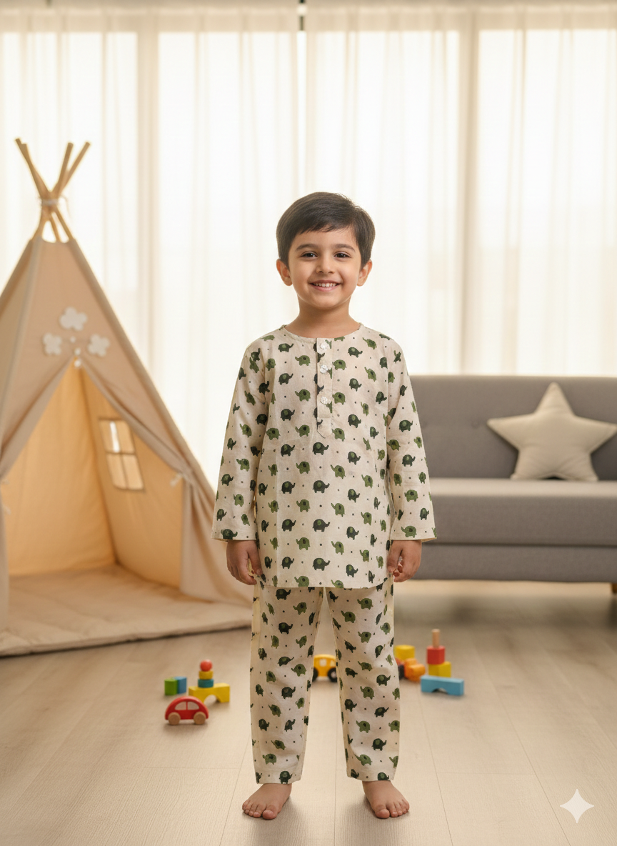 Olive Green Elephant Full Sleeve Unisex Coord Set