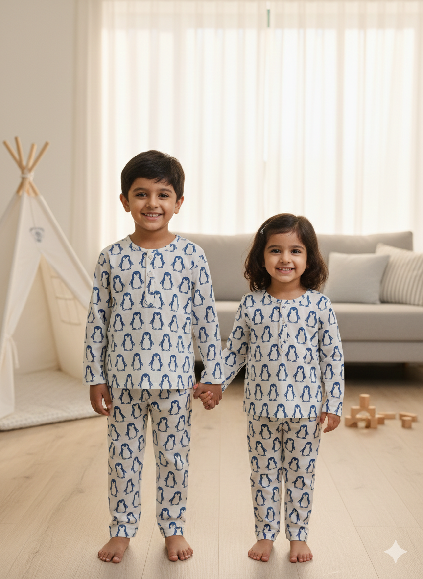 Blue White Penguin Unisex Coord Set