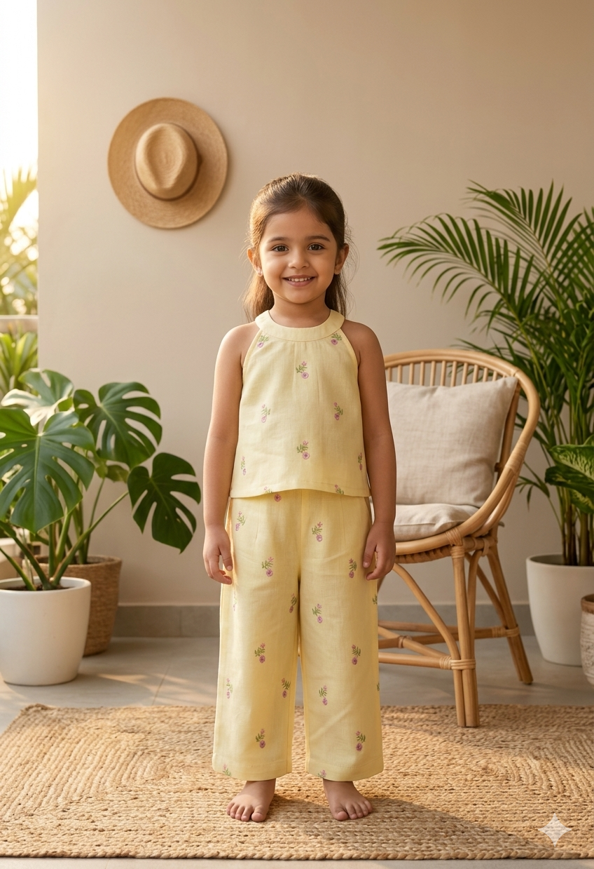 Yellow Embroidered Halter Neck Coord Set