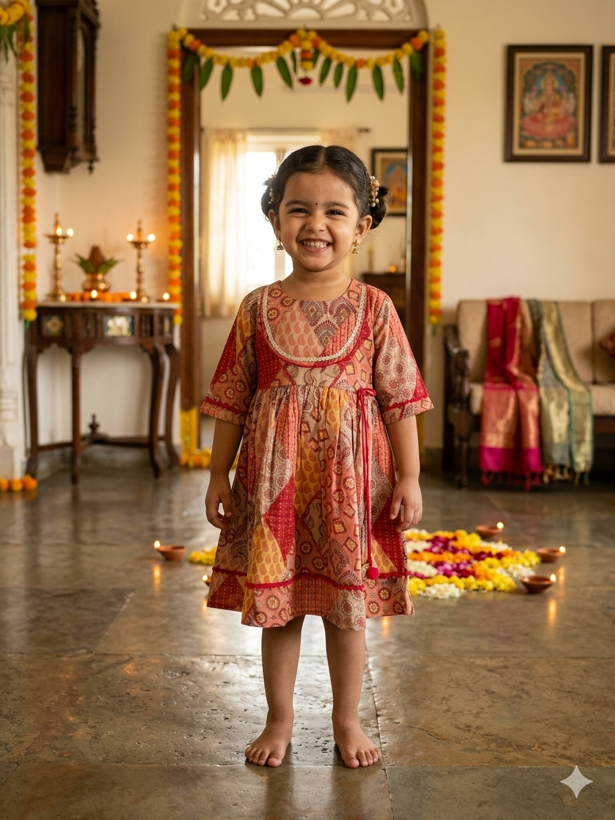 Red Orange Patch Traditional Frock