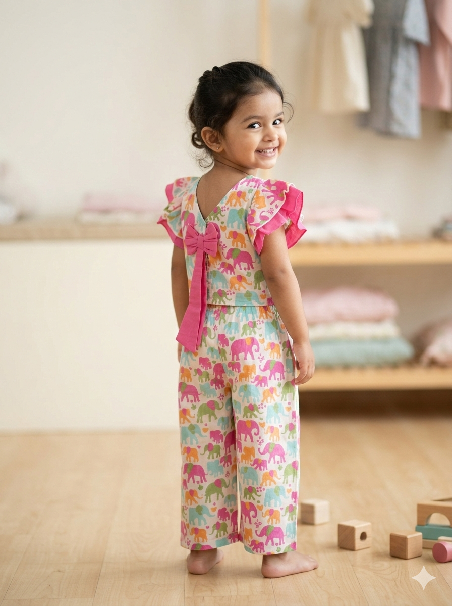 Multicolour Pink Elephant Bow Coord Set