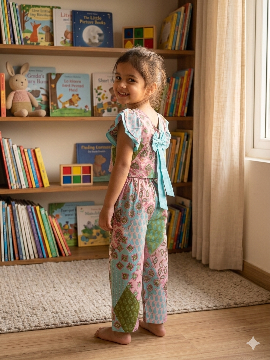 Pink Blue Patch Bow Coord Set