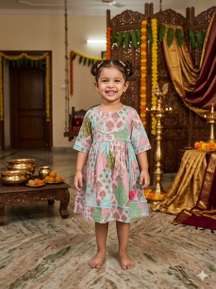 Pink Blue Patch Traditional Frock