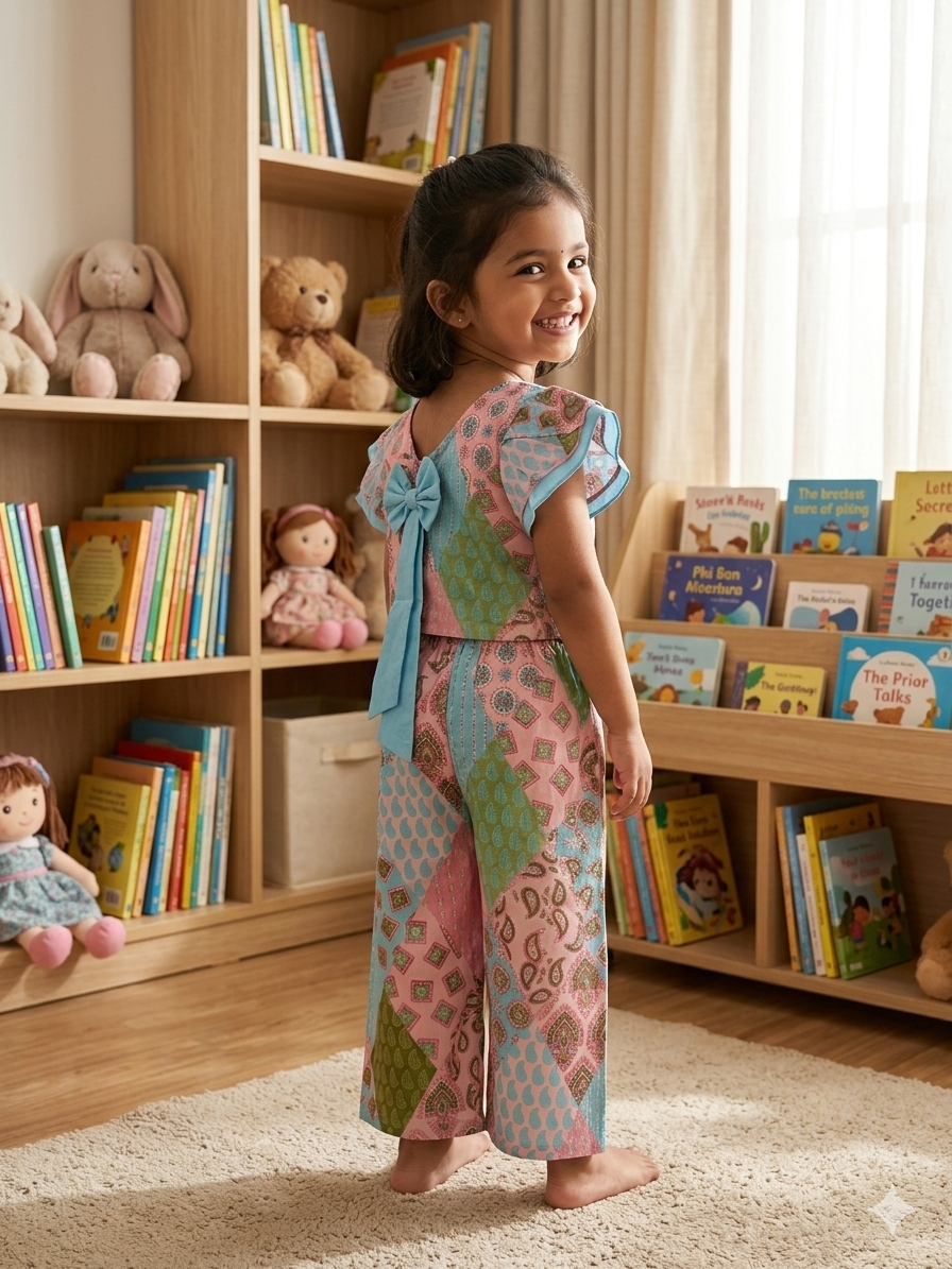 Pink Blue Patch Bow Coord Set