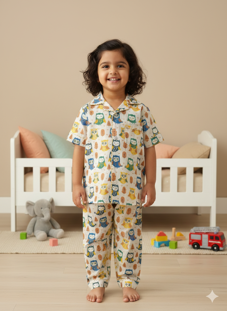 Yellow Green Blue Owl Night Dress