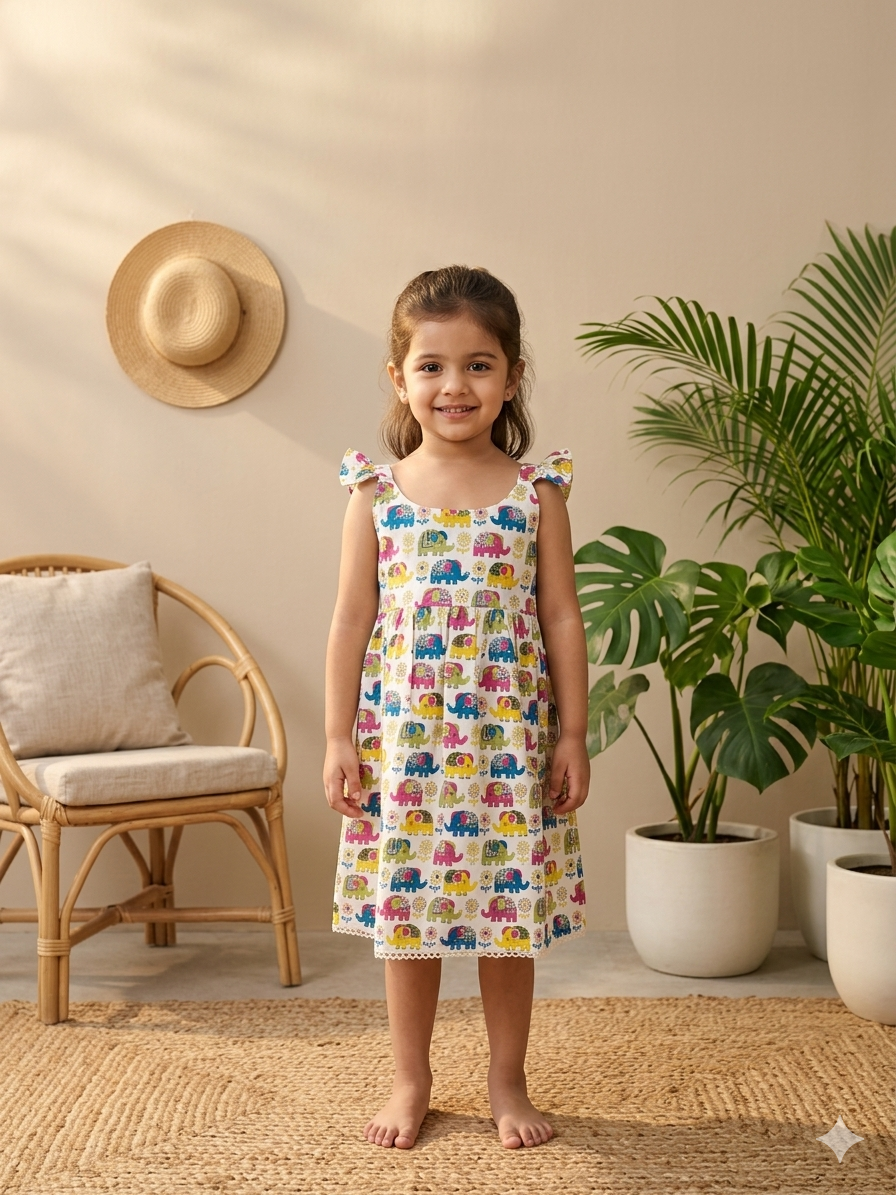 Red Yellow Ambari Elephant Smocked Back Sleeveless Frock