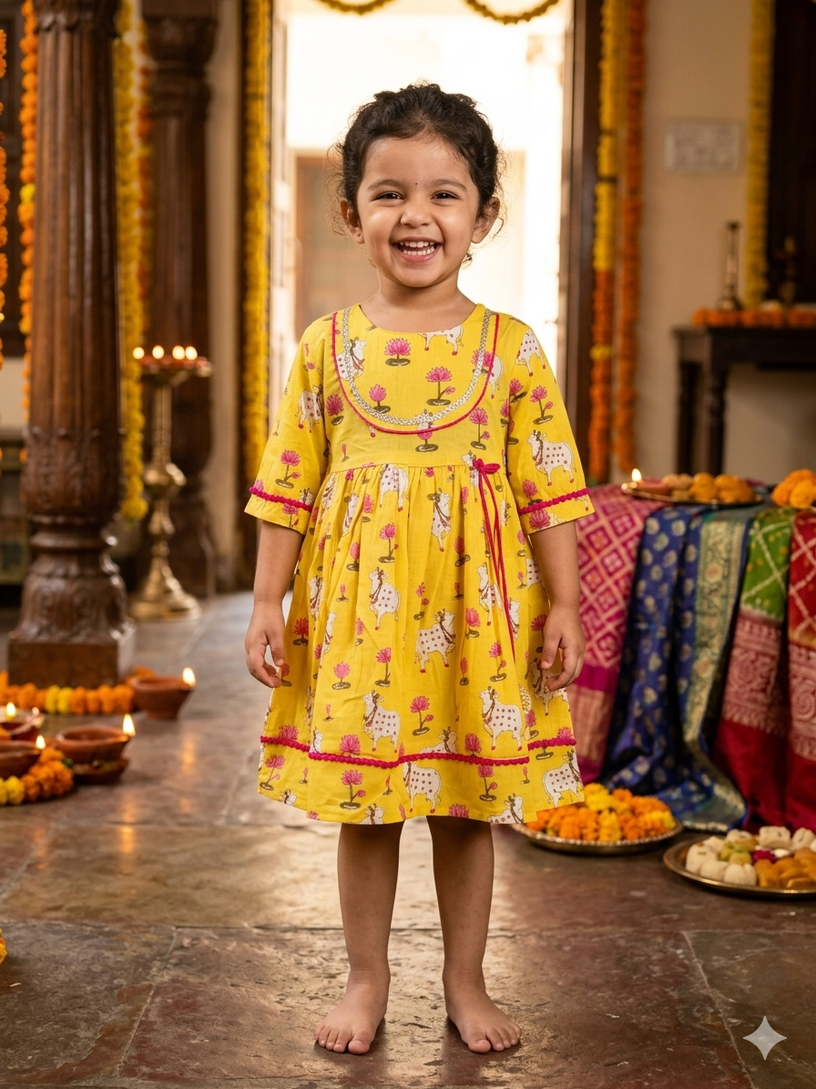 Yellow Pichhwai Print Traditional Frock