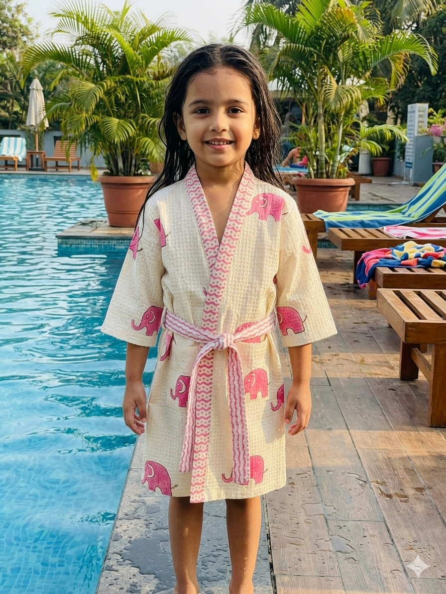 Pink Elephant Bath Robe - Hand Block Printed