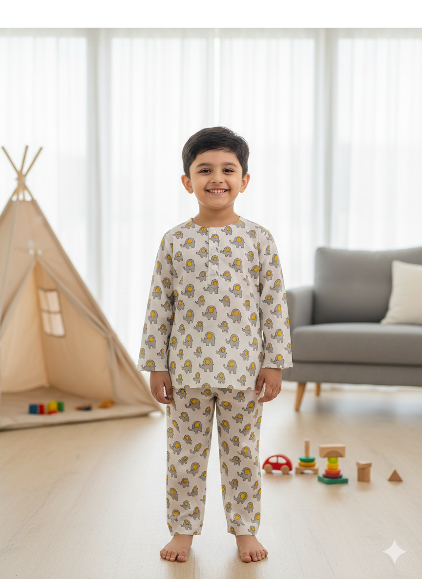 Yellow Grey Elephant Full Sleeve Unisex Coord Set