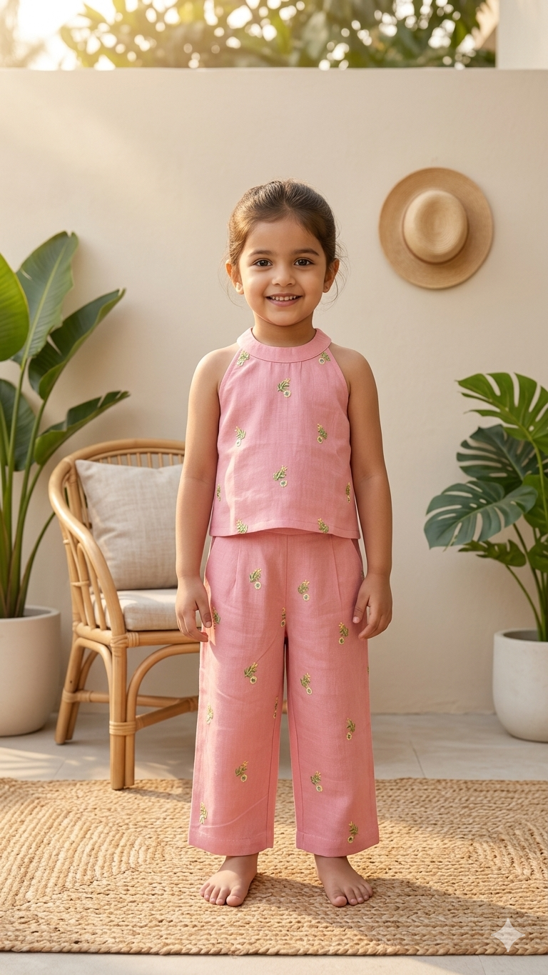 Pink Embroidered Halter Neck Coord Set