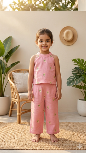 Pink Embroidered Halter Neck Coord Set