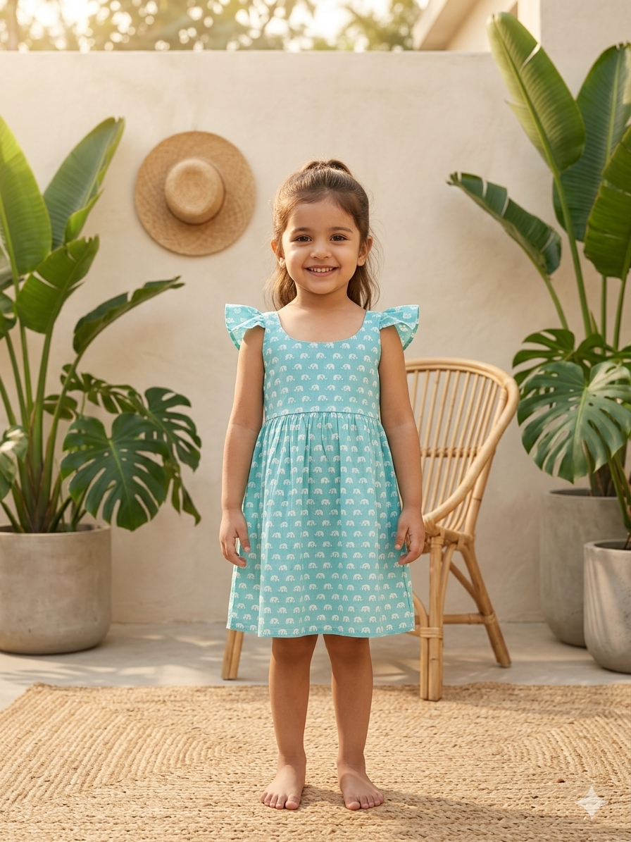 Aqua Elephant Smocked Back Sleeveless Frock