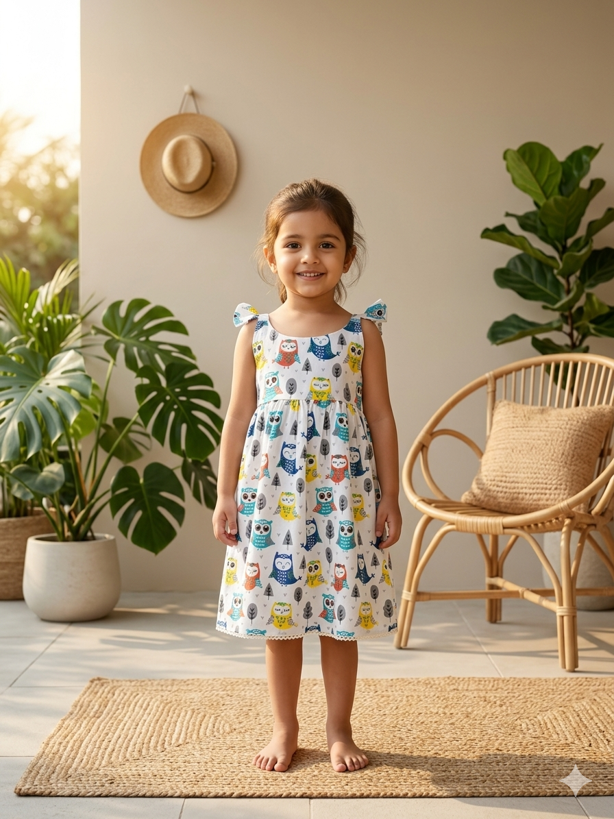 Cute Owl Smocked Back Sleeveless Frock