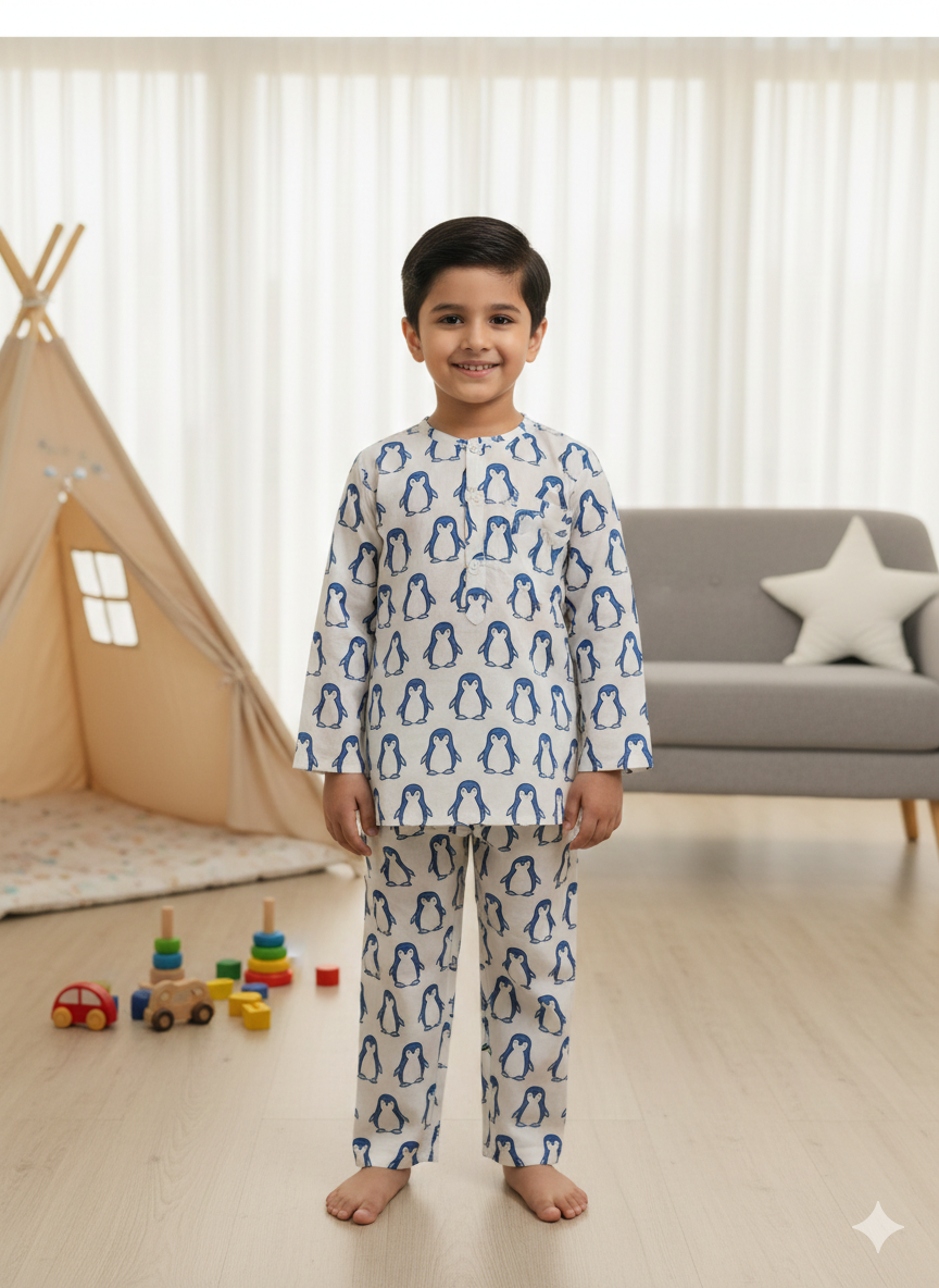 Blue White Penguin Unisex Coord Set