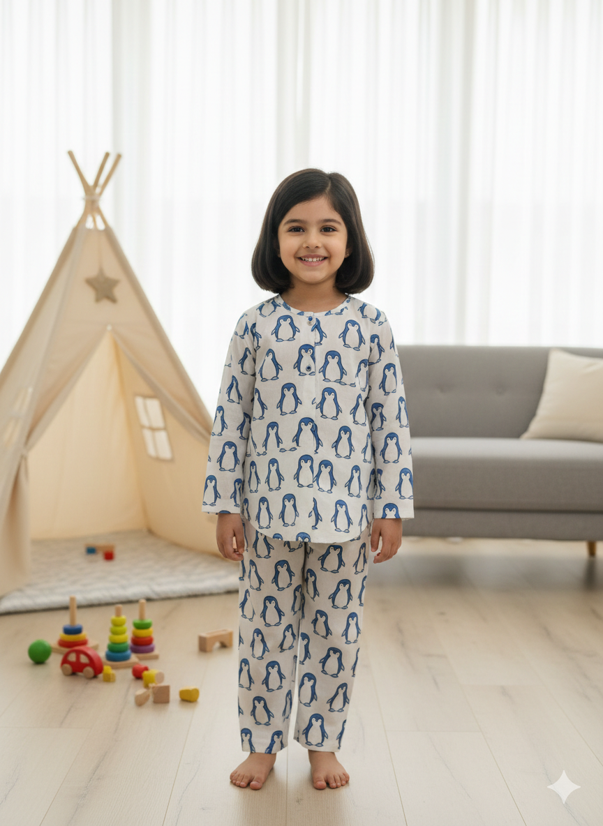 Blue White Penguin Unisex Coord Set