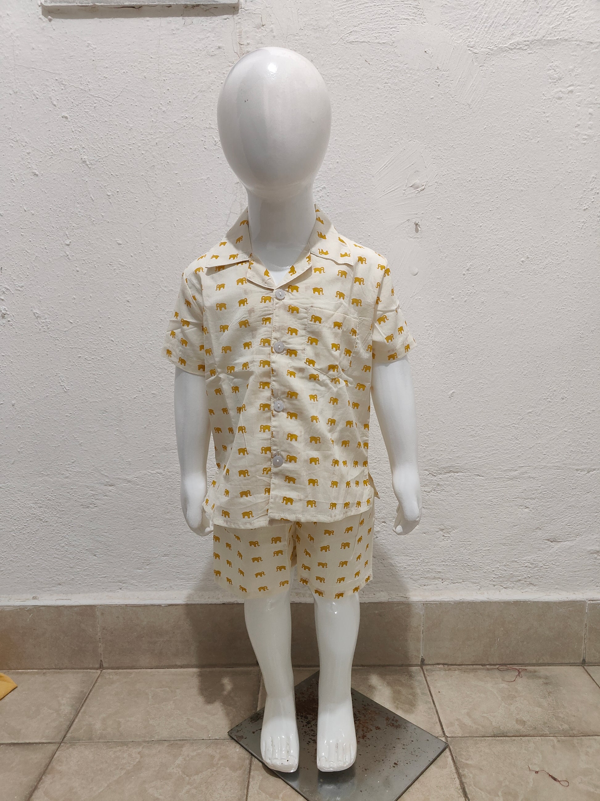 Yellow Small Elephant Cuban Collar Unisex Coord Set