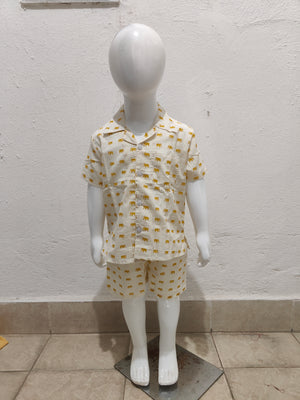 Yellow Small Elephant Cuban Collar Unisex Coord Set