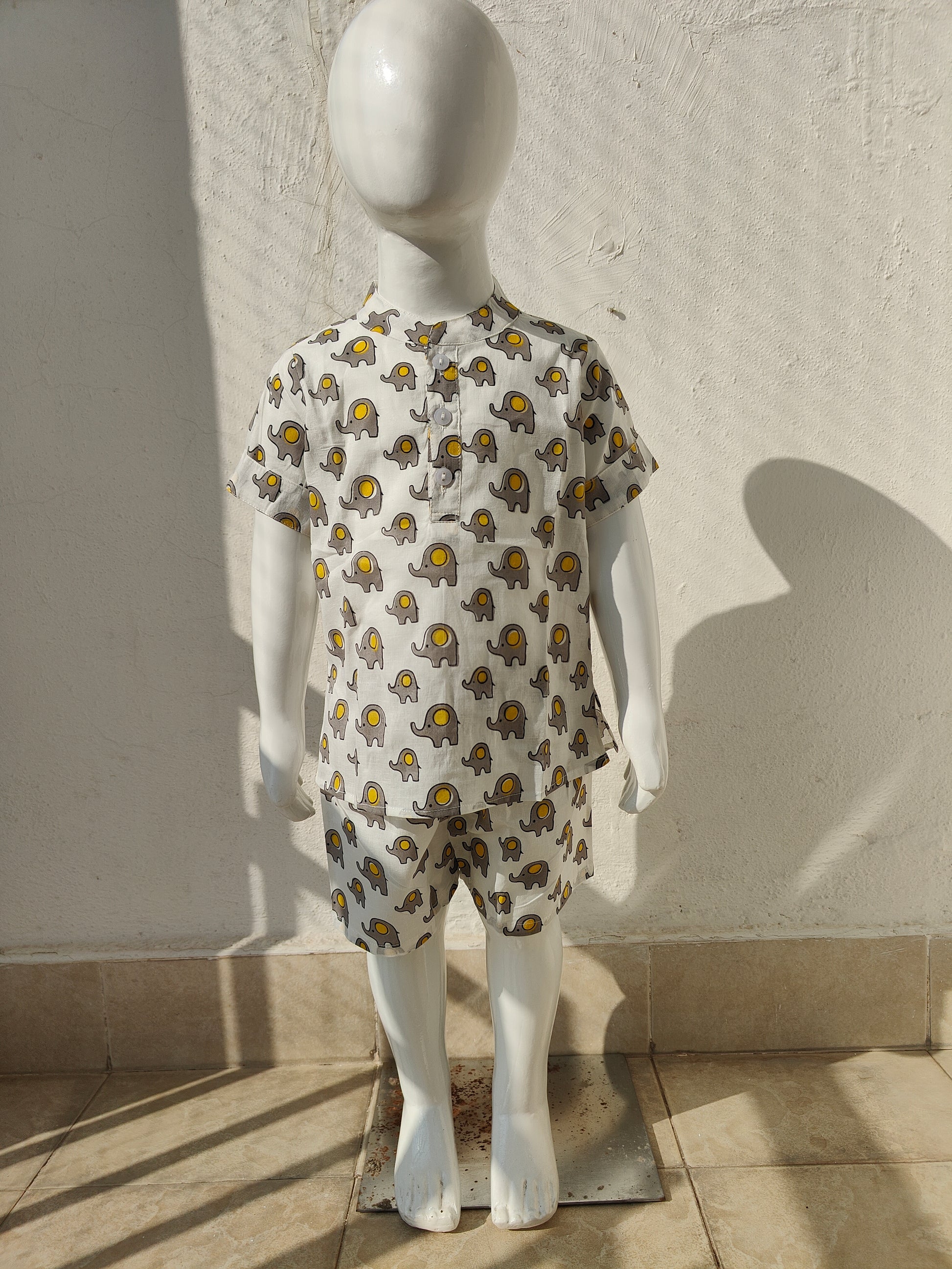 Yellow Grey Elephant Shorts Unisex Coord Set