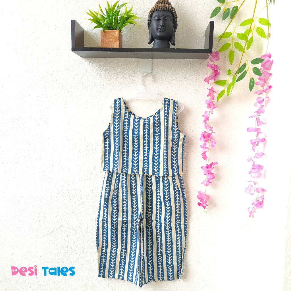 Blue Striped Blouse With Floral Cream Shrug Coord Set
