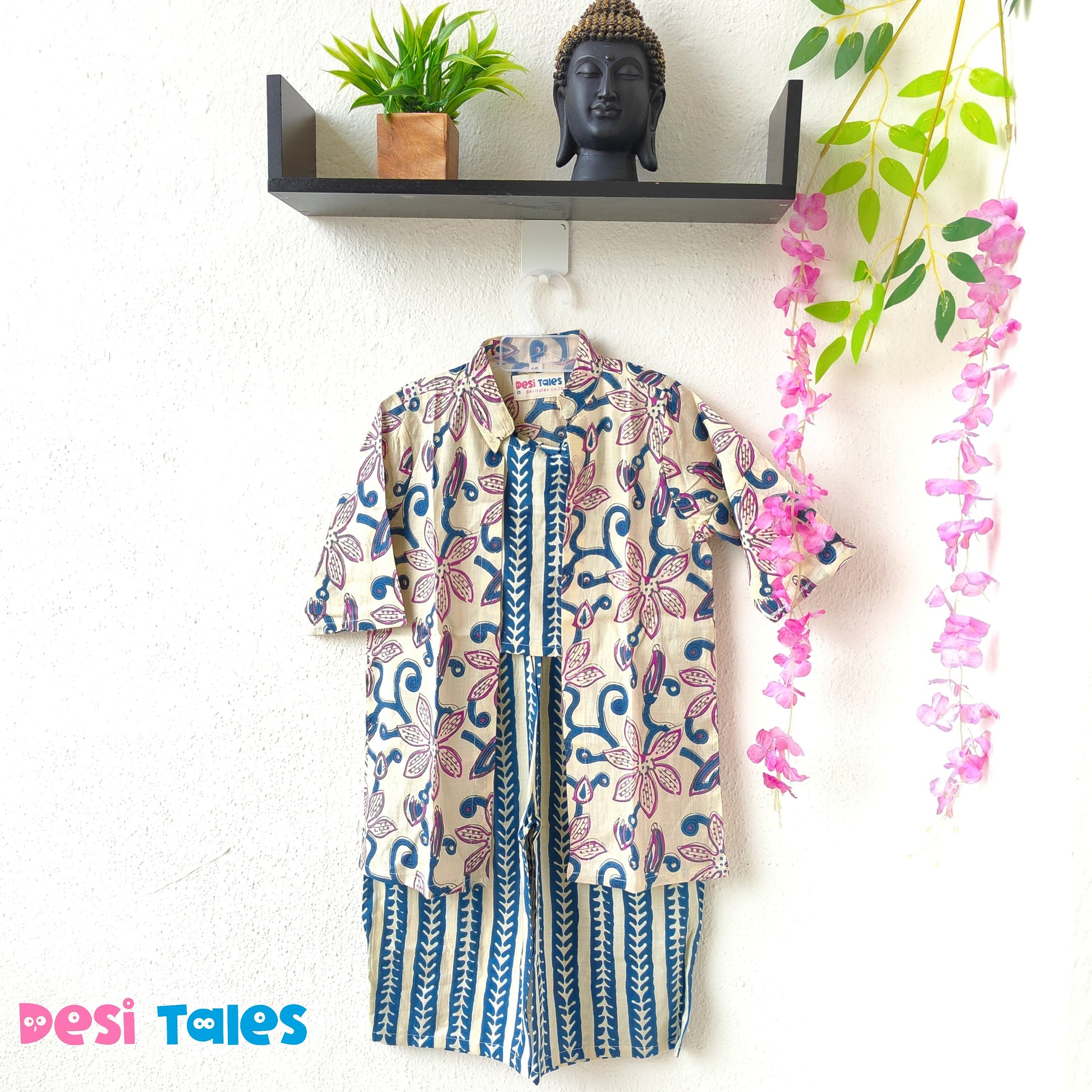 Blue Striped Blouse With Floral Cream Shrug Coord Set