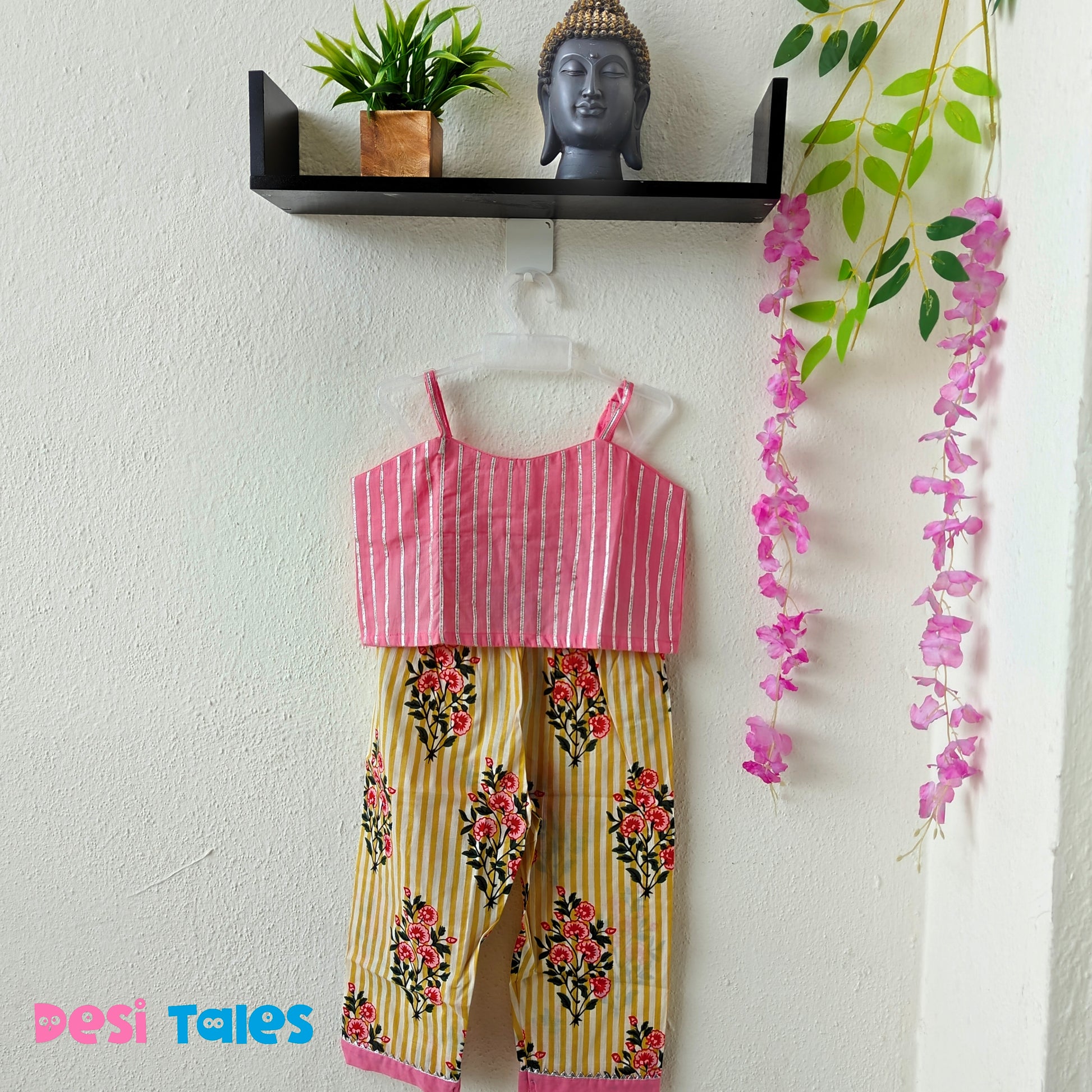 Pink Blouse With Yellow Striped Shrug Coord Set