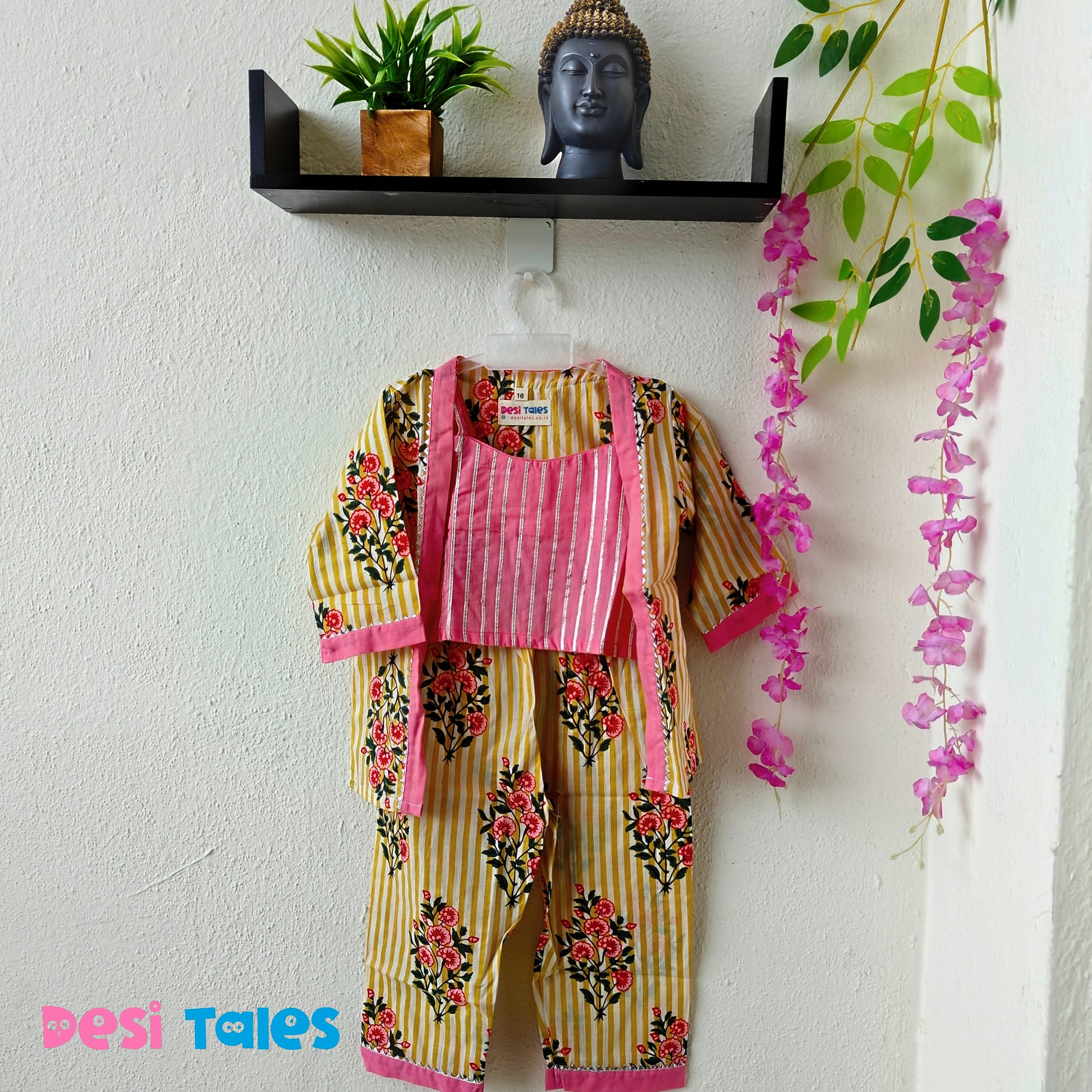 Pink Blouse With Yellow Striped Shrug Coord Set
