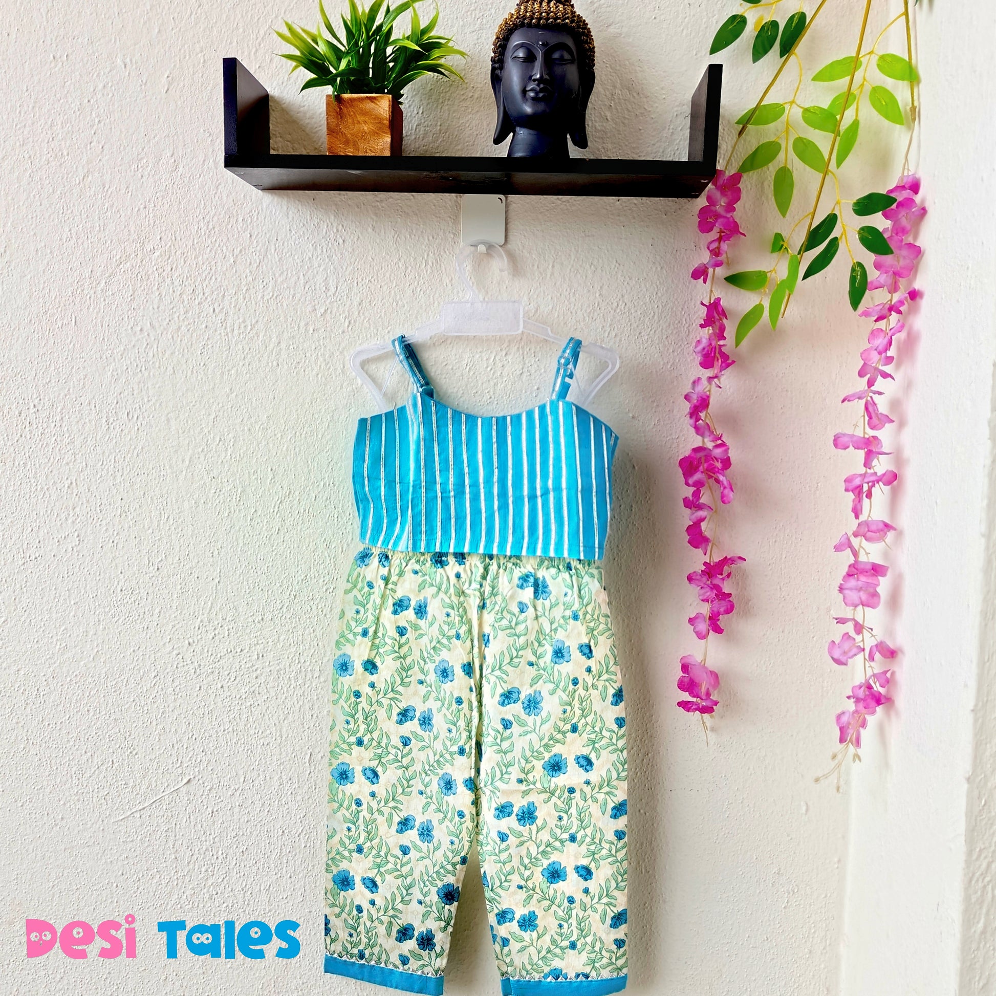 Blue Blouse With Off White Floral Shrug Coord Set