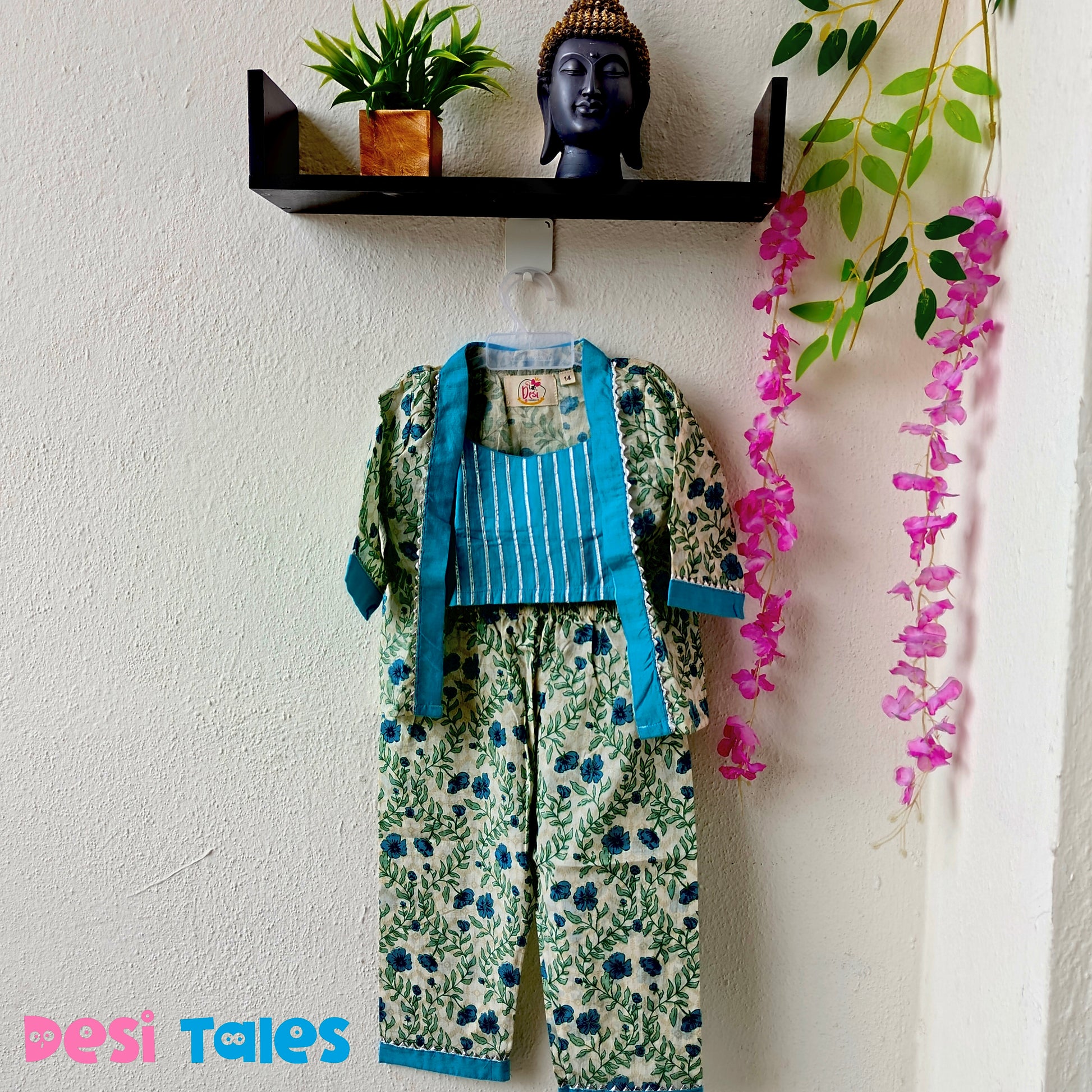 Blue Blouse With Off White Floral Shrug Coord Set