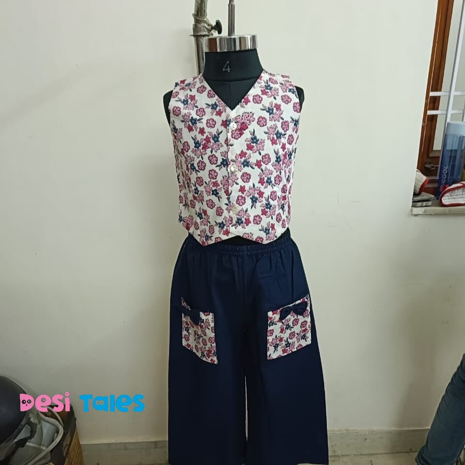 Pink Floral Indigo Slub Cotton Bottom Coord Set